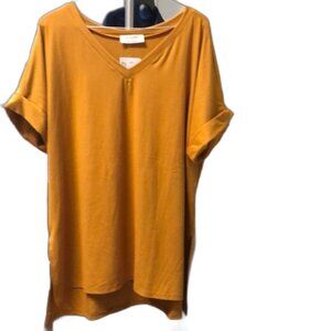 NWT - Zenana Solid Rolled Sleeve V-Neck with Side Slit Top